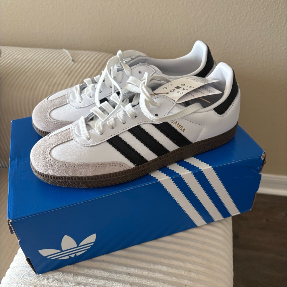 adidas White Black Samba Trainers with Gum Sole